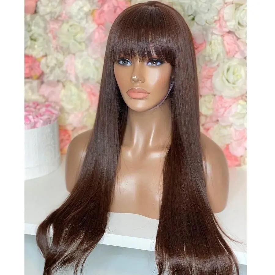 Long Straight Brown Wig With Bangs Fringe Bob Human Hair Wig With Bangs For Women Brazilian Remy Hair Glueless Full Machine Made