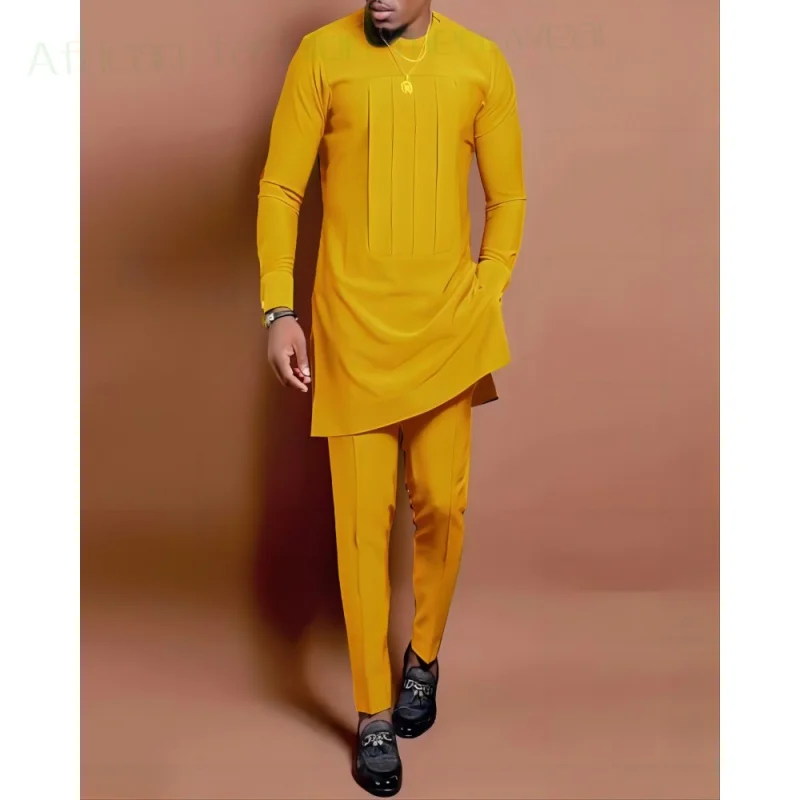 2023 African New Man's Suit Casual Fashion Pleated Ethnic Style Shirt and Pants Slim Fit 2-Piece Set