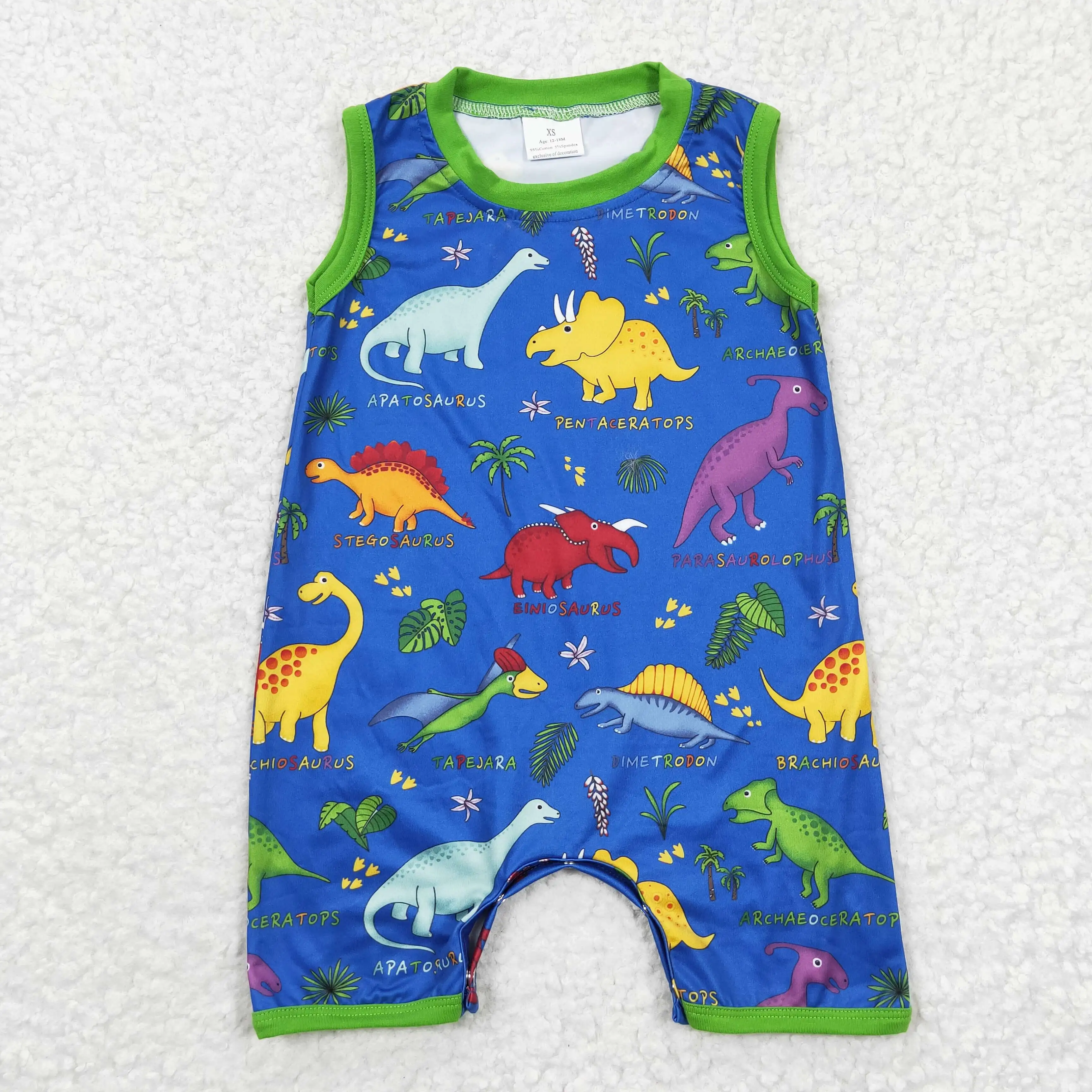 2023 New Design RTS Baby Boys Blue Onesie Clothes Newborn Summer Sleeveless Bodysuits Toddler Dinosaur Romper