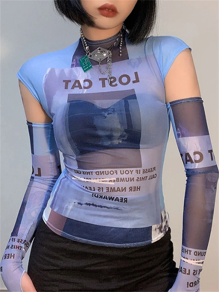 

2022 New Women Letter Graphic Print Tube Tops Mesh Sheer See Through Summer Y2K Tank Vest with Arm Sleeves Vintage Harajuku Tank