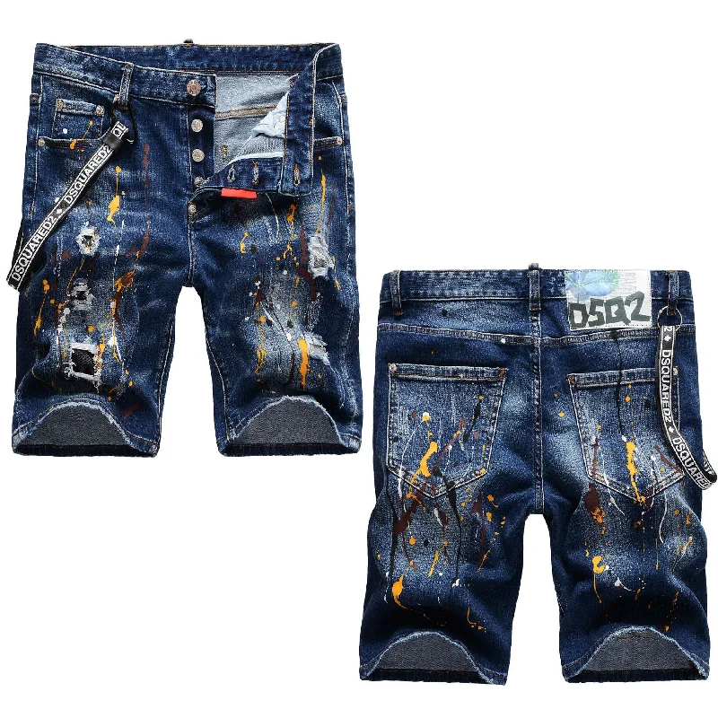 

Mens Blue Denim Shorts Mens Summer Casual Slim Print Hole Knee Length Jeans High Quality Hip Hop Denim Shorts