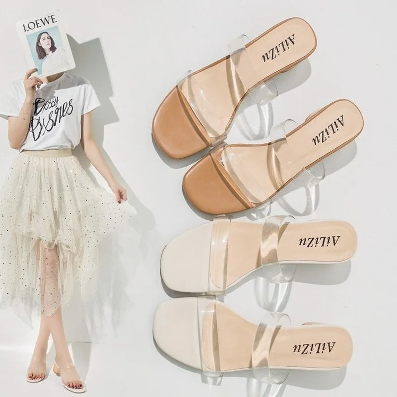 

Korean Summer 2022 New Slippers Women's Wear Fashion One-word High-heeled Mid-heeled Thick Heel Slides for Women's Slippers