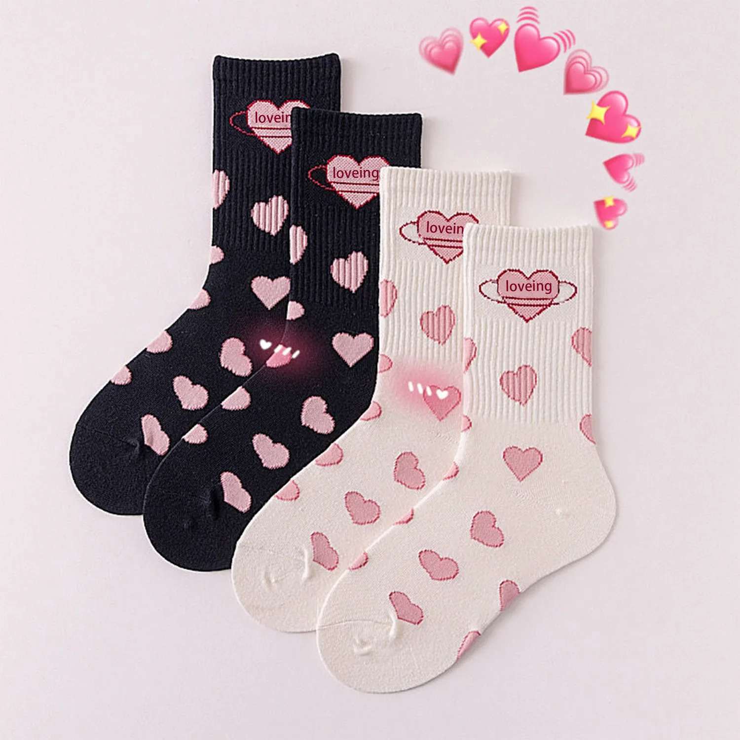 1 Pairs Big Pink Love Black White Mid-tube Sock Cute Students Girls JK Lolita Socks Simple Fashionable Socks