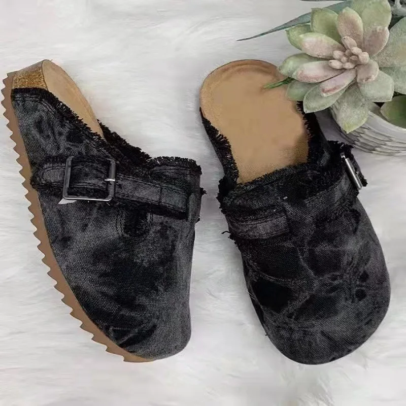 

New Women's Casual Slippers Round Toe Leopard Print Solid Flat Shoes Retro Solid Color Buckle Viscose Shoes Chaussures Femme