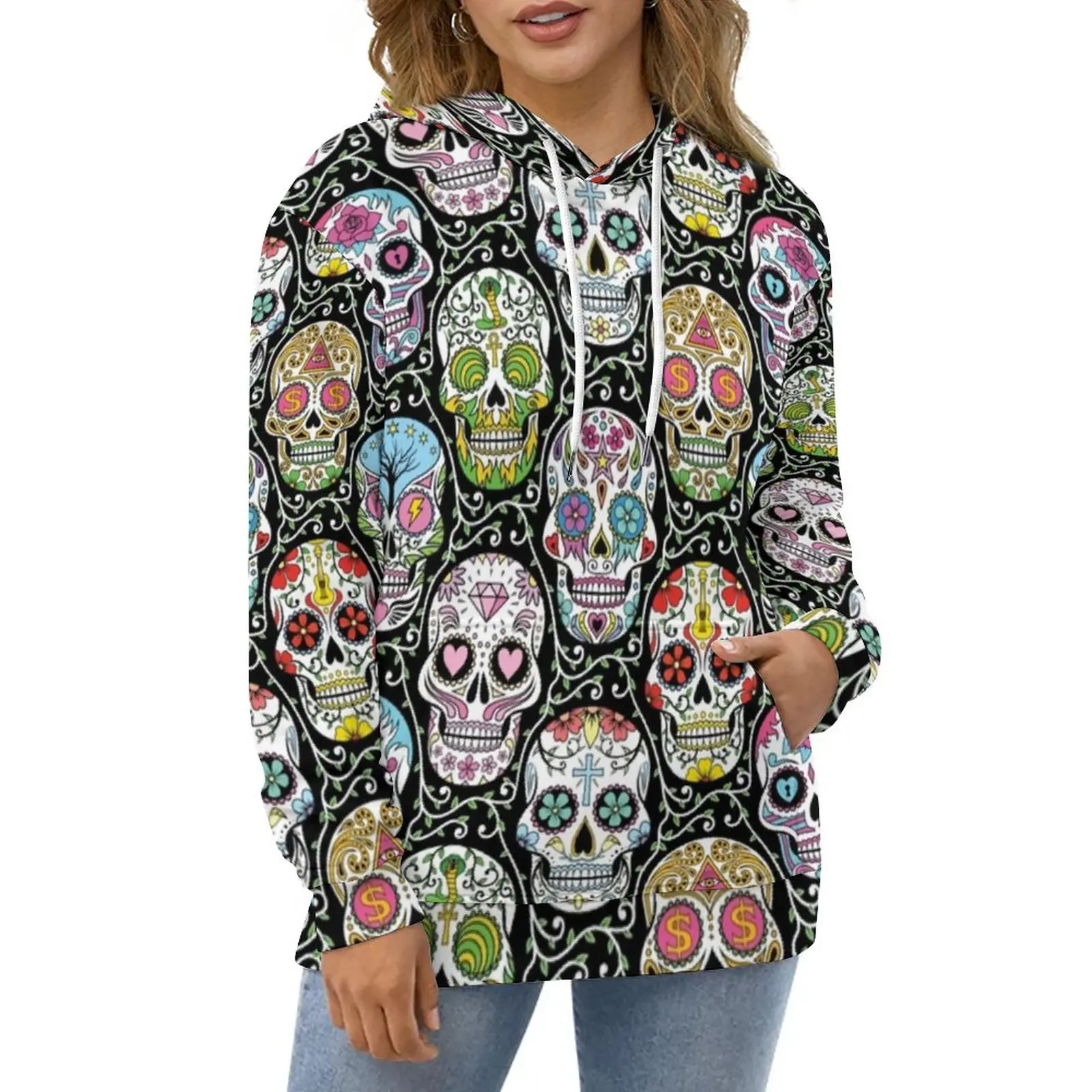 

Skeleton Casual Hoodies Mexican Sugar Skull Funny Pullover Hoodie Long Sleeve Oversize Harajuku Design Loose Hooded Sweatshirts