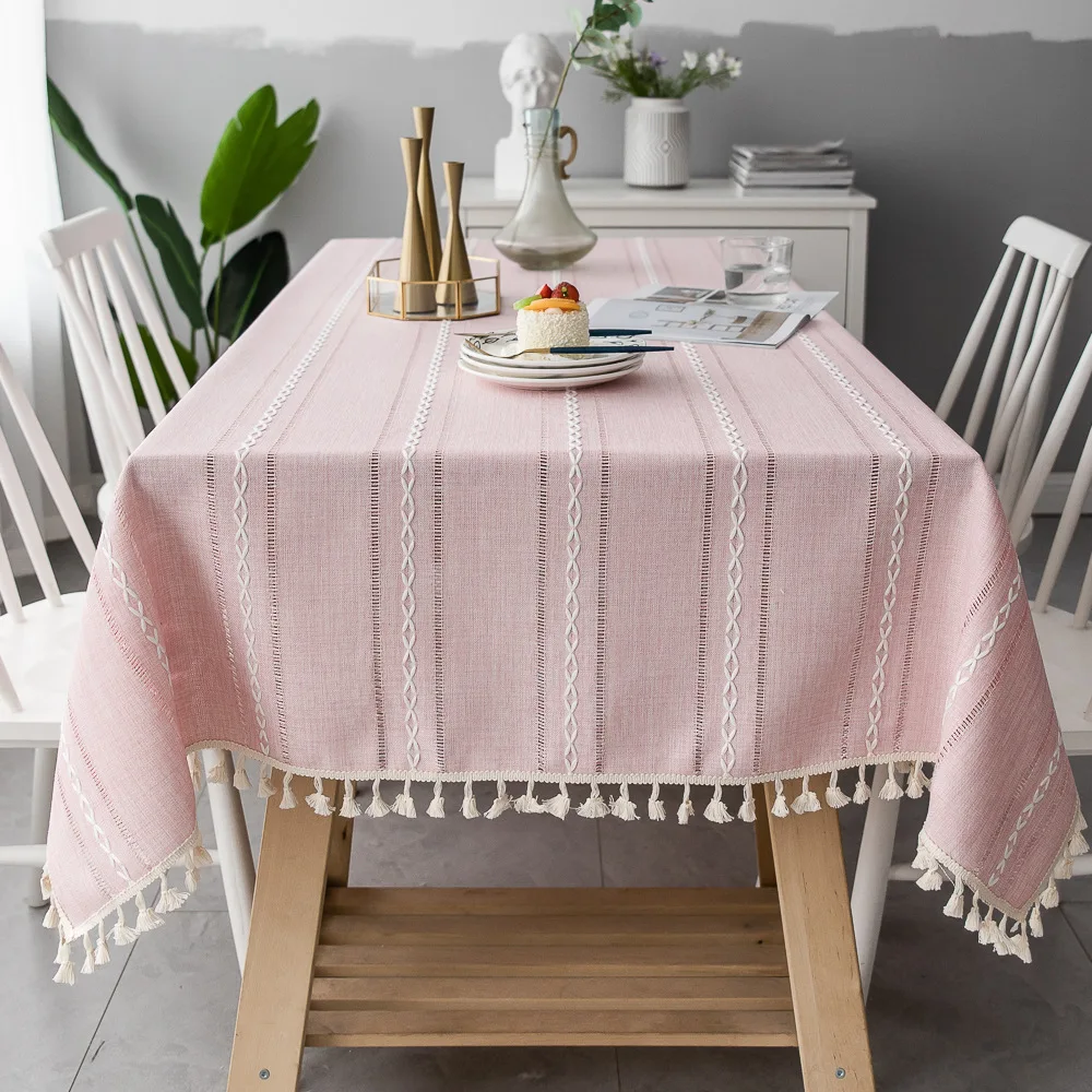 

Nordic Cotton Linen Tablecloth Pink Hollow Embroidered Jacquard Striped Rectangle Dining Table Cloth for Home Kitchen Decoration