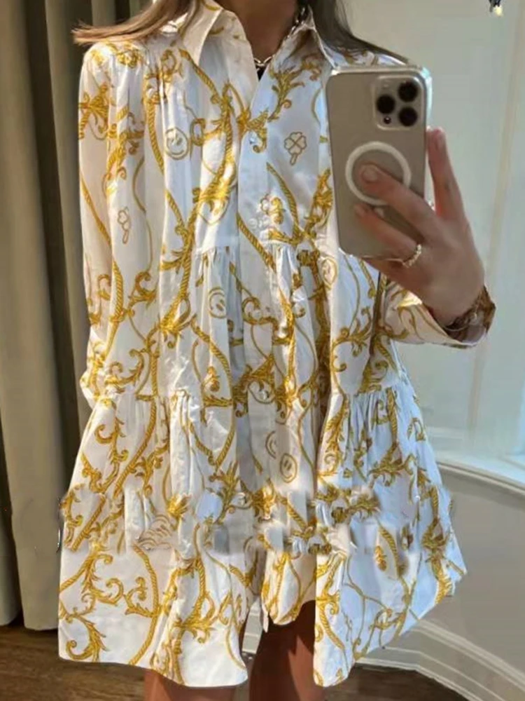 

2022 Spring New Women Yellow Print Pleated Layered Loose Shirt Dress Doll Dress