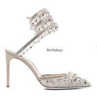 2022 new designer shoes for women white vegan leather crystal embellished pointed toe pumps high heels stiletto sandals 34 43