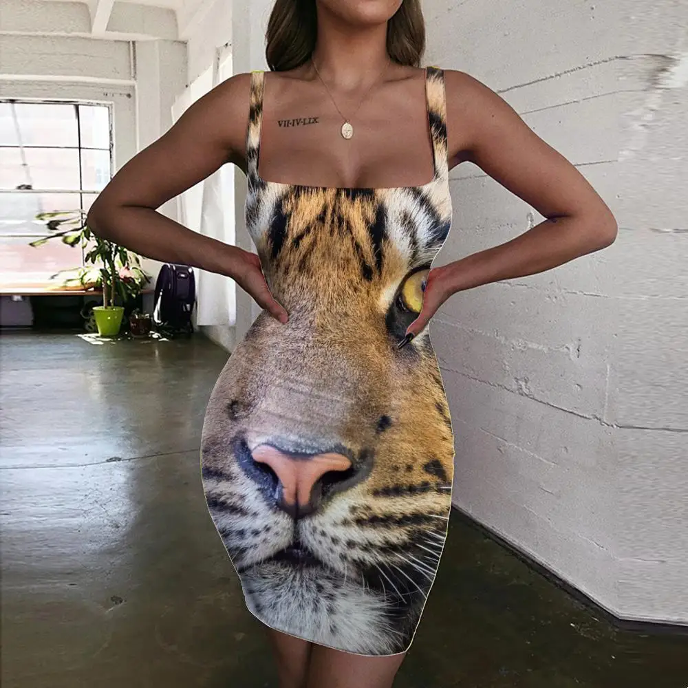 

KYKU Tiger Dress Women Animal Vestido Sexy Cute Sundress Personality 3d Print Bodycon Dress Womens Clothing Club New