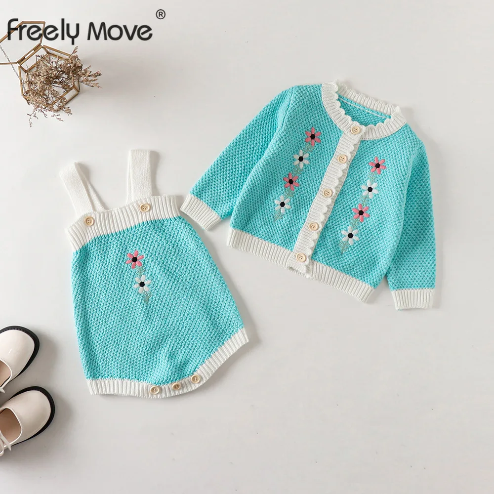 Freely Move New 2022 Autumn Children Baby Girl Long Sleeve Knit Cardigan Coat + Rompers Suit Infant Kids Baby Girl Clothes Suit