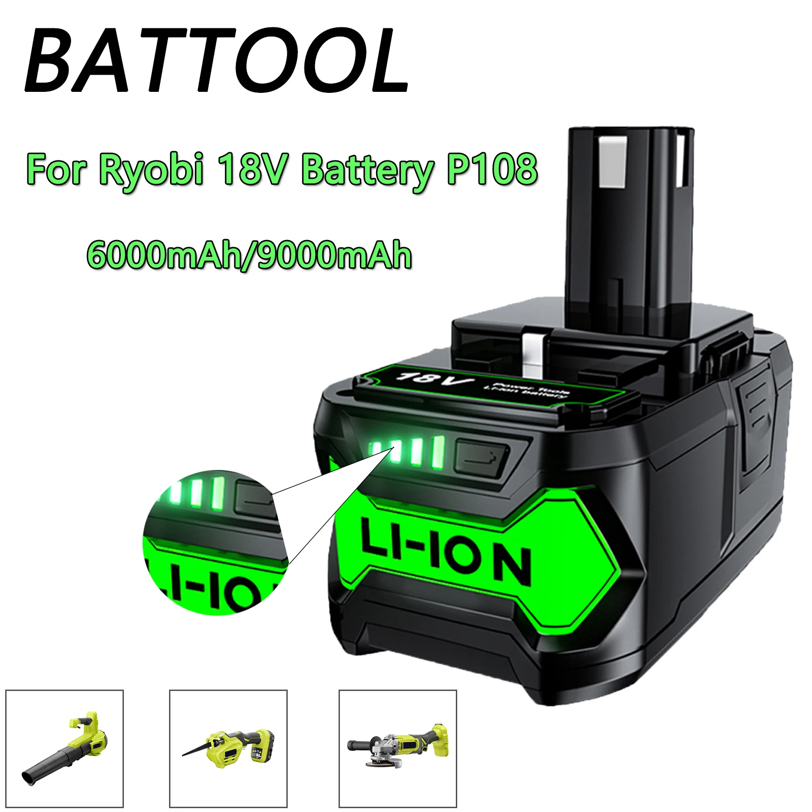 Литиевая сменная батарея BATTOOL 6,0 Ач/9,0 Ач 18 в для Ryobi P108 ONE + Plus P102 P103 P104 P107 P117, аккумуляторная батарея для инструментов