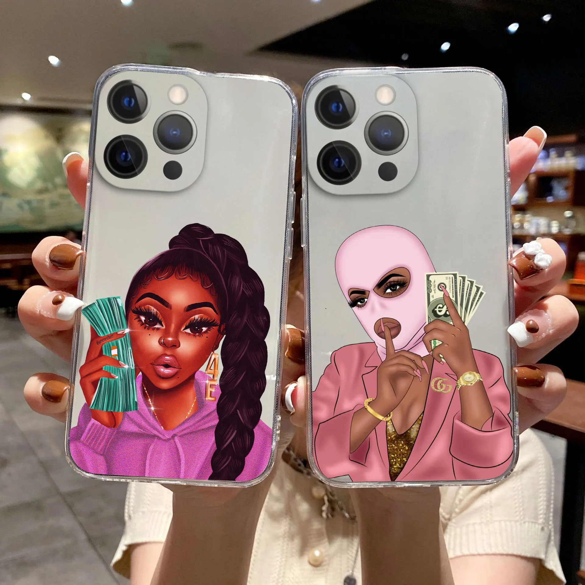 

Fashion Black Girl Phone Case For iPhone 11 12 13 Pro Max X XR XS MAX X 6s 8 7 Plus 13Mini Luxury Clear Soft Bumper Back Cover