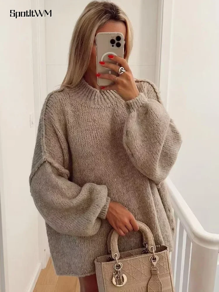 Модный однотонный вязаный пуловер для женщин элегантный свободный свитер с