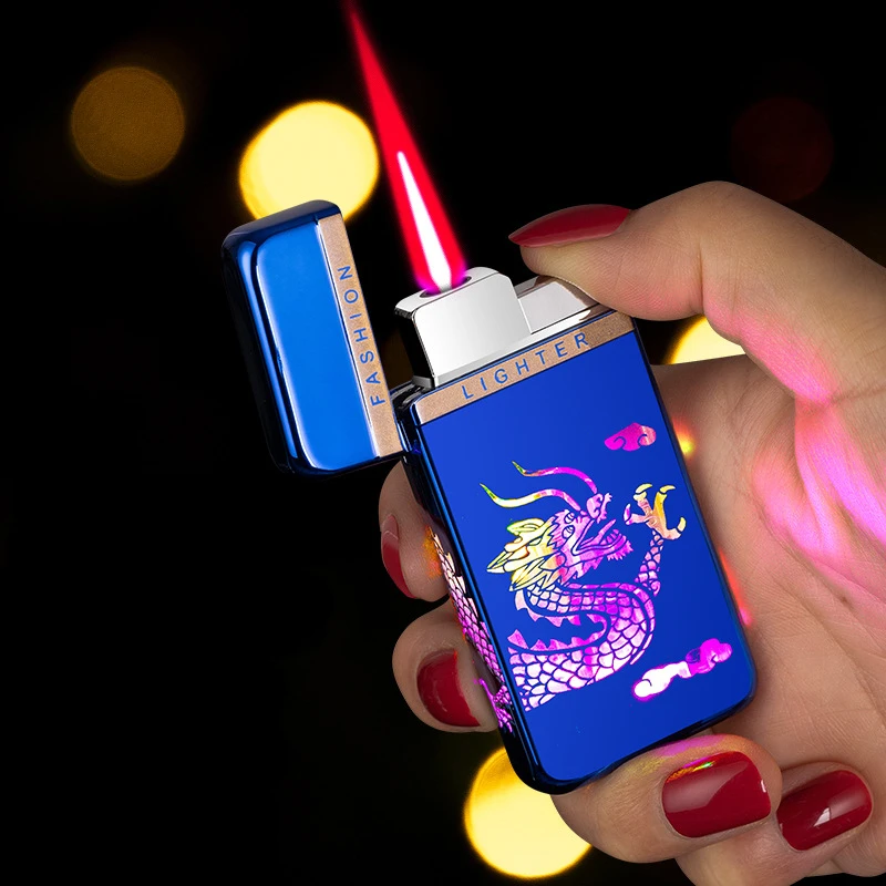 

Colorful LED Lights High-pressure Jet Red Flame Windproof Lighters Reusable Inflatable Lighters Essential Lighters for Smokers