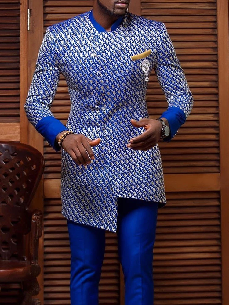 Ramadan Eid Men's Youth Standing Collar Casual Blue Pattern Men's Long Sleeve Shirt Kurta Men Muslim Fashion Arabic Shirt 2022