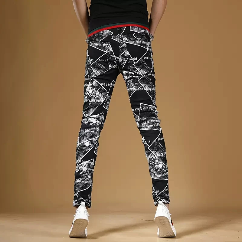 Summer Men Fashion Printed Black Jeans Streetwear Casual Slim Fit Straight Pants Korean Style Digital Printing Denim Trousers