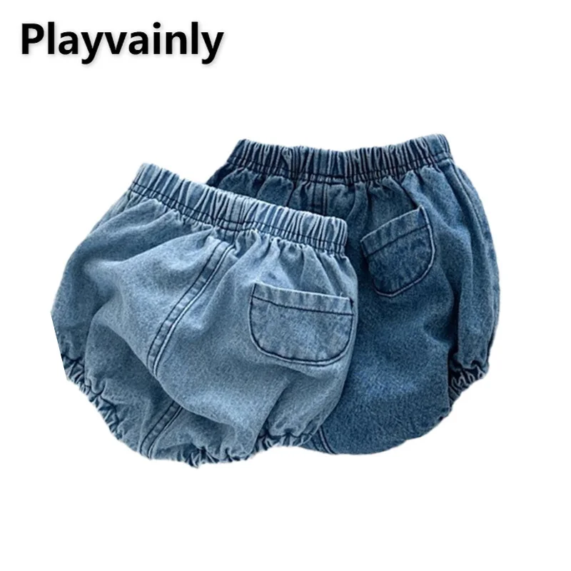 

Джинсовые шорты для девочек и мальчиков, темно-синие короткие шорты из ПП с эластичным поясом, модель E1103 в Корейском стиле на лето