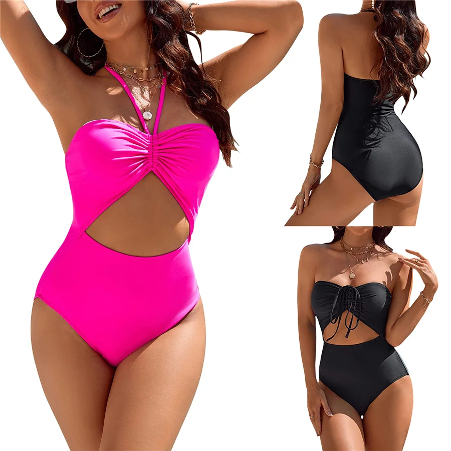 

Women's Bandeau Bodysuit Swimsuit, Sleeveless Cutout Drawstring Monokini Bathing Suit Swimwear