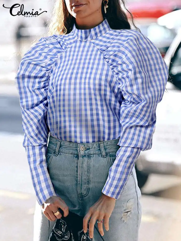 

2023 Celmia Vintage Plaid Blouse Summer Elegant Shirt Puff Long Sleeve Women Stand Collar Tops Tunic Casual Loose Pleats Blusas