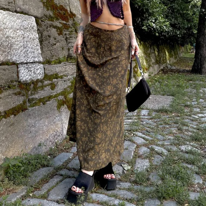 

Women Vintage Boho Floral Print Bodycon Midi Skirt Y2K Low Waisted Long Pencil Skirt E-Girl Grunge Fairycore Streetwear