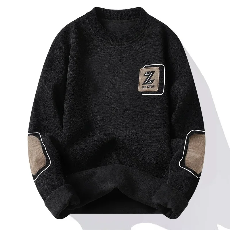 Мужской зимний новый цельный джемпер из синели на флисовой подкладке с круглым