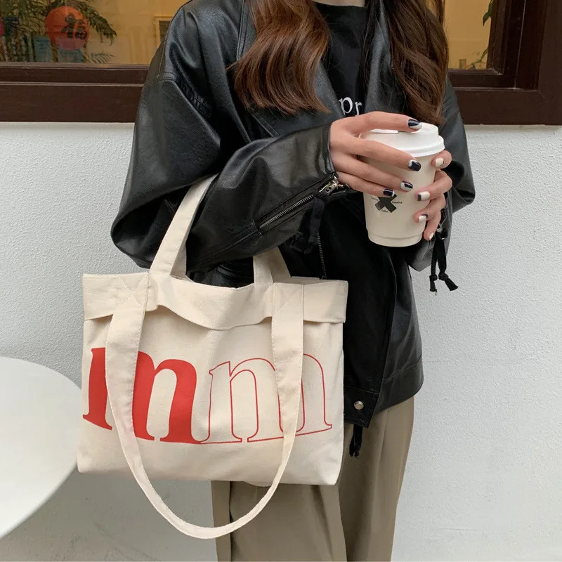 

Canvas Handbags for Women Gig English Alphabet Canvas Shoulder Bag For Girls Fashion Vintage Large Capacity Casual Tote Bag 2022