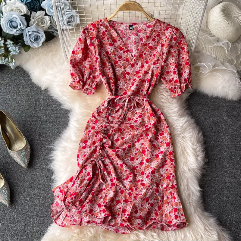 

French Chic Ruffles V-neck Dress Puff Sleeve Floral Lace-up Dresses High-waisted A-line Vestidos Women Clothes Dropshipping