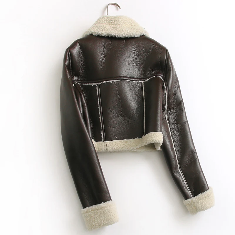 Winter Short Leather Coat Women Zipper Thick Warm Fur Lapel Short Bomber Jackets Female Velvet Lamb Fur Faux Leather Jacket