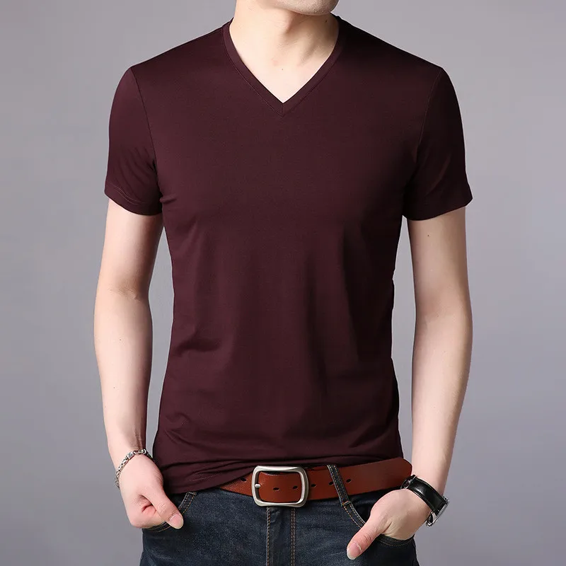 

7191-Summer short-sleeved t-shirt men's trend Korean version of solid color v-neck bottoming shirt loose casual men