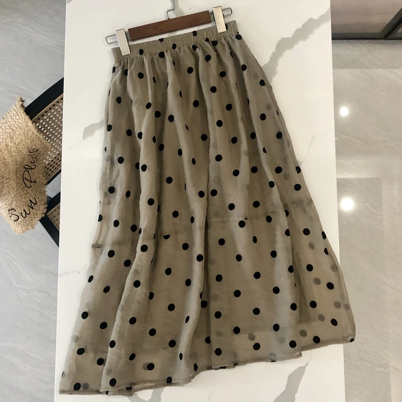 

Women Mesh Skirt Dots Flocking Midi Skirts Polka Dot High Waist Organza Gentle Women Casual Style Fashion Tutu Tulle Skirts