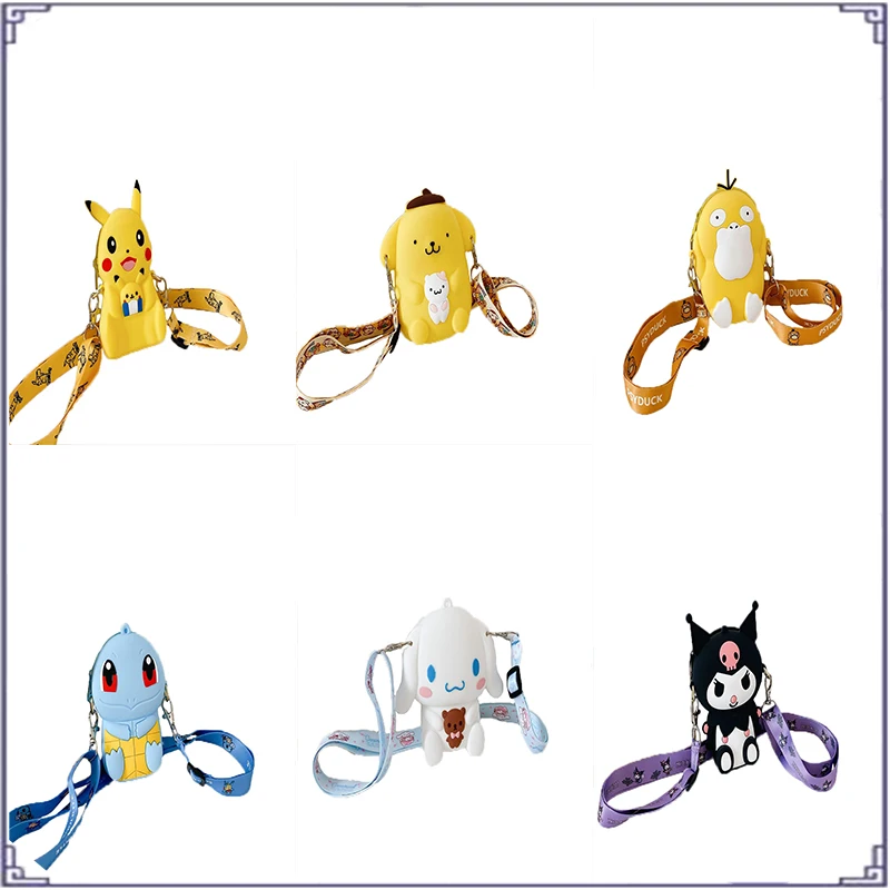 

Anime Kawaii Sanried Cinnamoroll Pompom Purins Psyduck Pikachu Kids Silicone Crossbody One Shoulder Drum Bag Birthday Gift