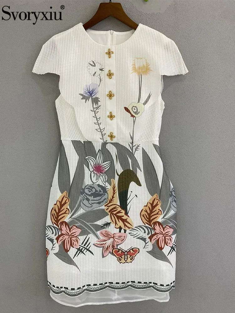 

Svoryxiu Summer Runway Fashion Vintage Gorgeous Pencil Mini Dress Women's Flying Sleeve Beading Print Loose Waist Party Dress