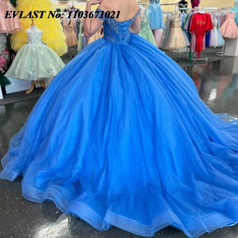 Блестящее синее платье EVLAST Quinnceanera бальное Тюлевая аппликация бисер кристаллы
