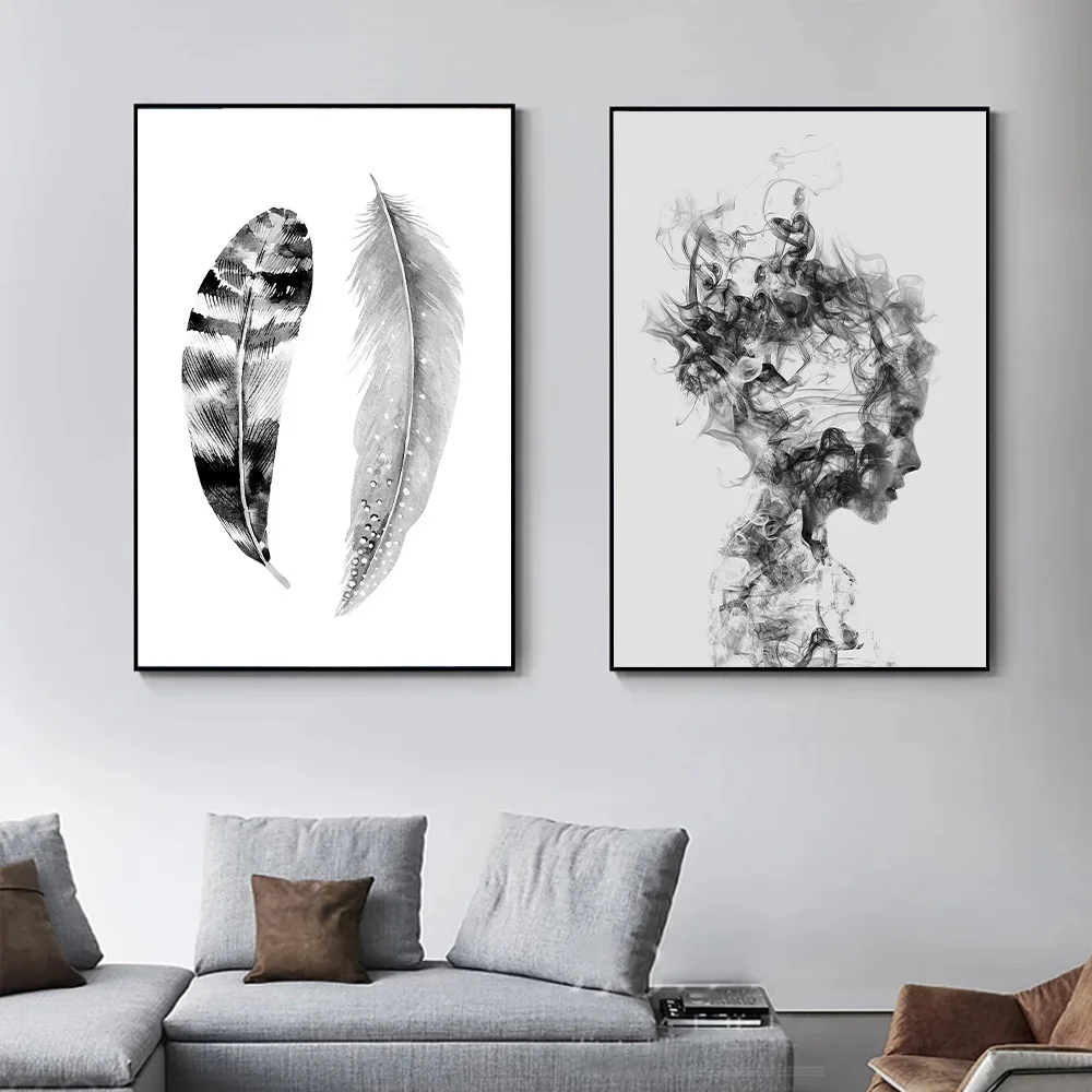 

Scandinavian Poster Black and White Feather Art Canvas Painting Abstract Woman Prints Nordic Wall Art Pictures Living Room Decor