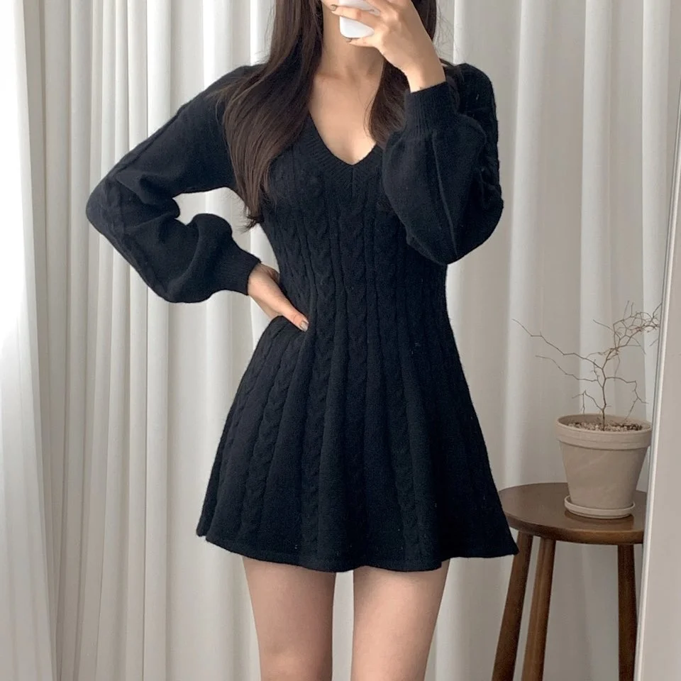 

Women's Dress Korean Chic Winter New Lantern Long Sleeve Waist V-neck Small Knitted Dress Women's Sweater Short Skirt Rachel