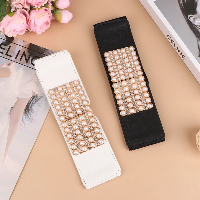 

Elegant Elastic Wide Waistband Rhinestone Pearl Buckle For Women Corset Cummerbunds Dress Shirt Belts Decoration