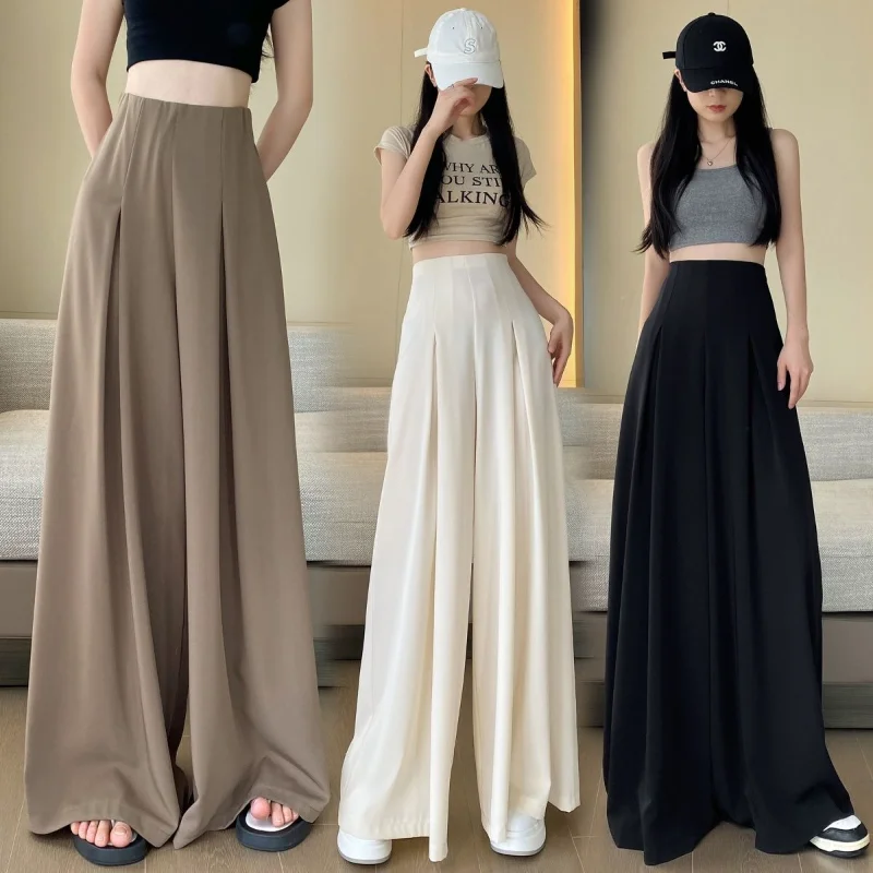 Casual High Waist Loose Wide Leg Pants for Women Spring Summer Female Floor-Length Black Suit Pants Ladies Long Trousers Q678