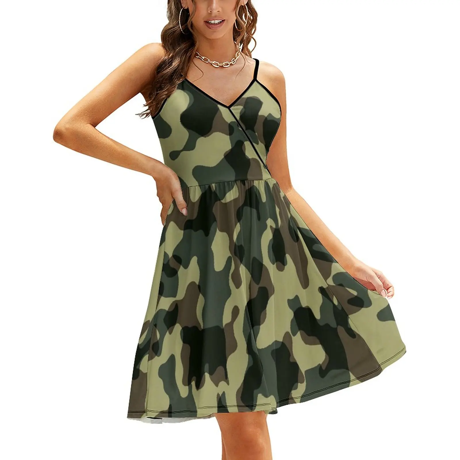 

Green Camouflage Dress Woman Army Camo Aesthetic Custom Dresses Summer Off Shoulder Kawaii Casual Dress Gift Idea