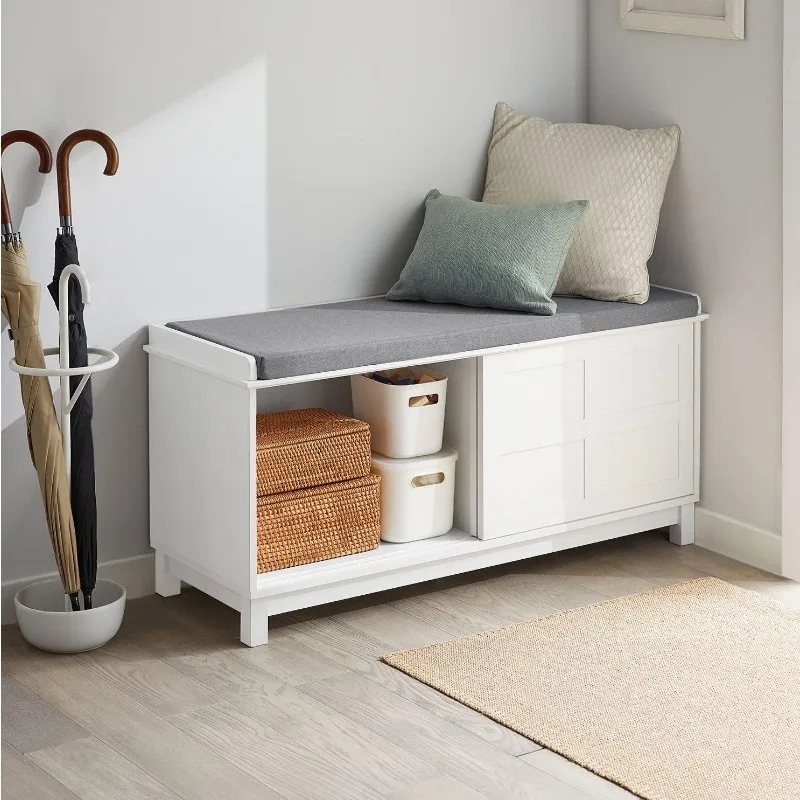 

Haotian FSR86-W White Storage Bench with Sliding Door & Padded Seat Cushion Hallway Bench Shoe Cabinet Shoe Bench