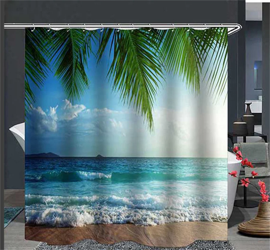 

Nordic Mediterranean Beach Shower Curtains Natural Palm Tree Coconut Tree Scenery Bathroom Waterproof Bathtub Curtain with Hooks