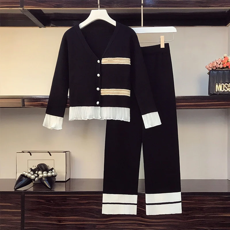 

Women Knitting 2-pieces sweater Suit soft V -neck Single-Breasted cardigan+Pants lady spring sweater Set autumn Tracksuit cloth