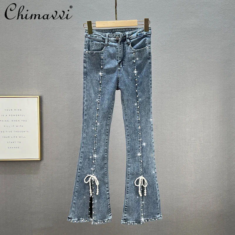 

Women's Diamond Jeans 2022 Spring and Summer New Fashion High Waist Slim European Style Pearl Bow Split Bootcut Trousers