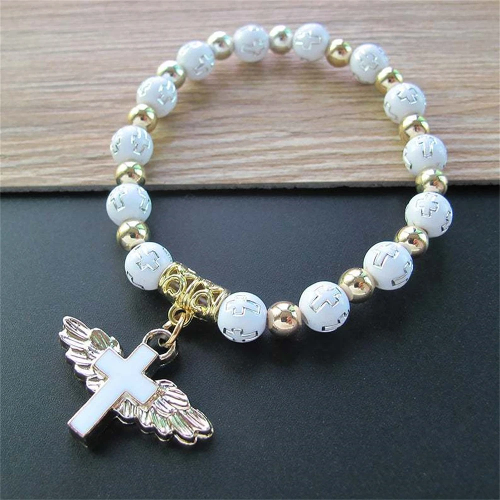 8MM Acrylic Bead Cross Angel Wing Pendant Bracelet For Women Men Girl Bohemian Rosary Bracelet Christian Jewelry Gift