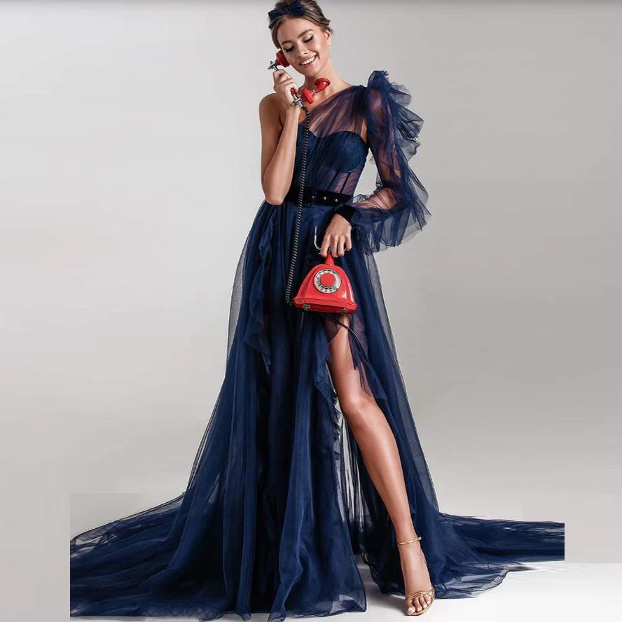 Navy Blue One Shoulder Formal Dresses Slit Long Sleeves Tulle Layered robe de soirée Long Maxi Prom Gowns vestidos longo
