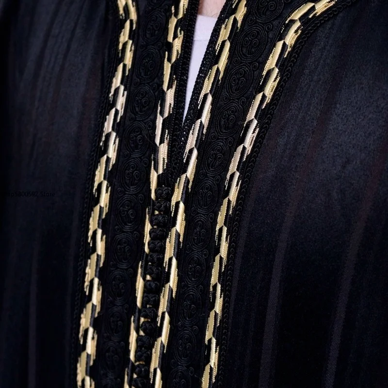 Abaya Men's Muslim Clothing Islam Black Striped Print Robe Oversized Long Sleeves Loose African Traditional Shirts Man Plus Size