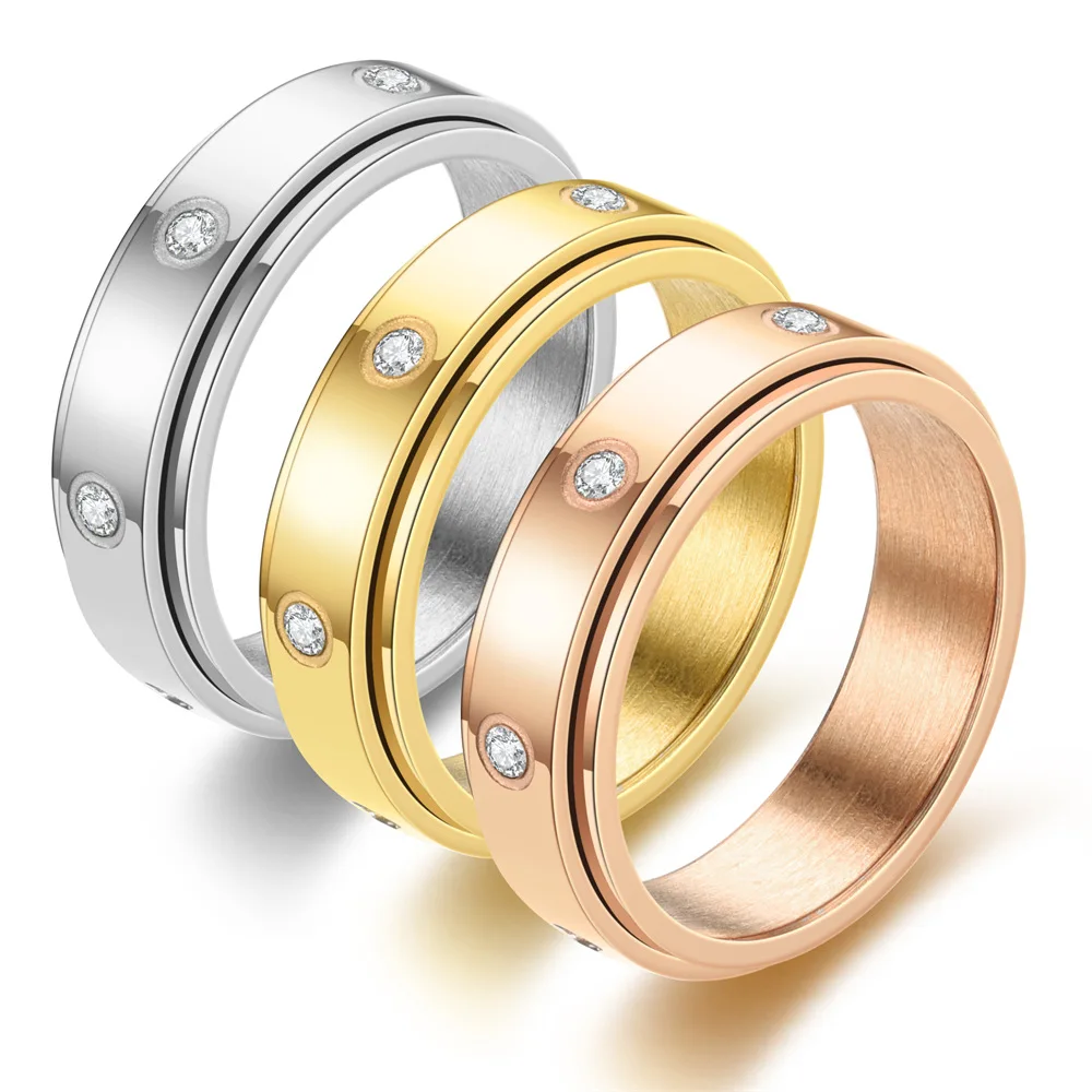 

New Trendy 6mm Stainless Steel Crystal Rings for Women & Men Letter Turnable Ring Gold Color Spinner Ring Fashion Jewelry Gifts