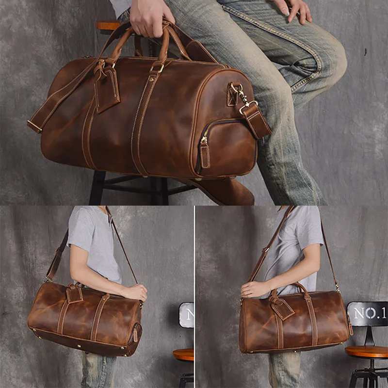 Men's Genuine Leather Travel Duffle Bag Men Large Business Travel Bag Male Crazy Horse Leather Shoulder Bag Travel Briefcase