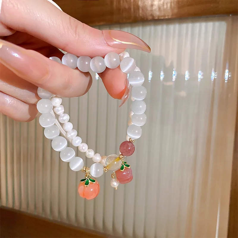 

Minar Korean Fashion Sparkly Opal Stone Peach Charm Bracelet for Women Baroque Pearl Beaded Bracelets Wedding Daily Accessories