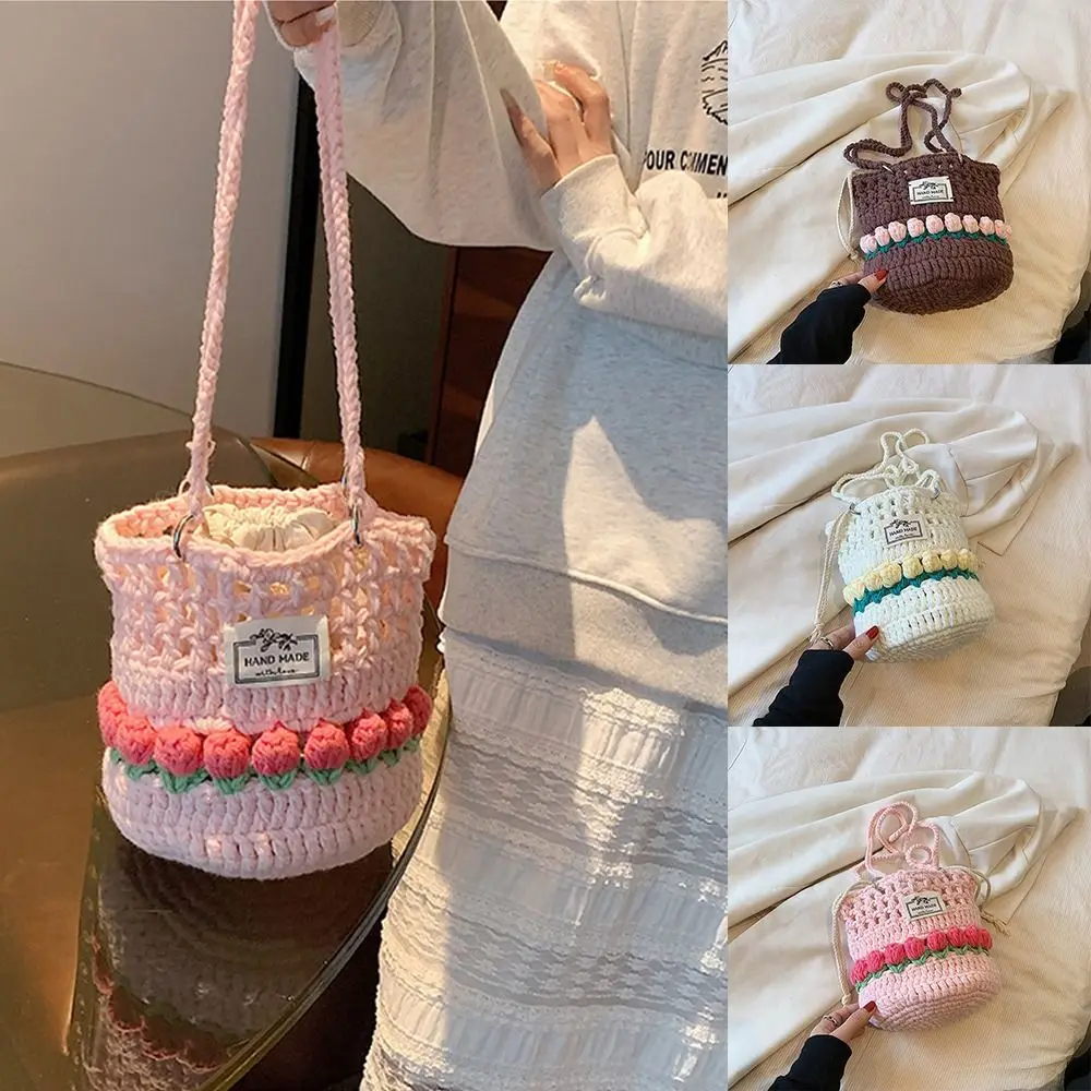 

Tulip Flower Drawstring Knitted Shoulder Bag Temperament Crochet Cartoon Korean Style Bucket Bag Outdoor