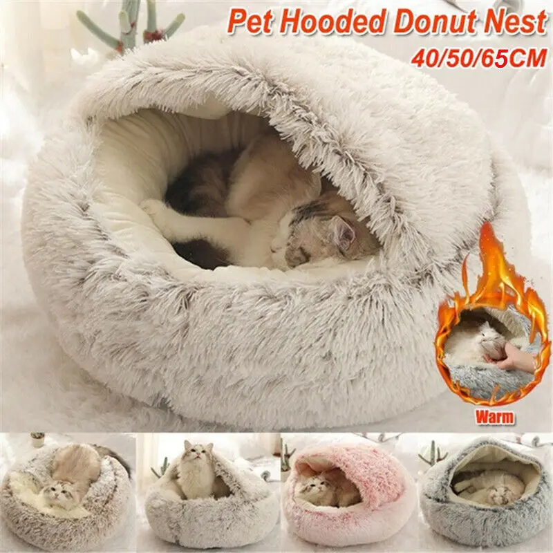 

Winter Long Plush Pet Cat Bed Round Cat Cushion Cat House 2 In 1 Warm Cat Basket Cat Sleep Bag Cat Nest Kennel For Small Dog Cat